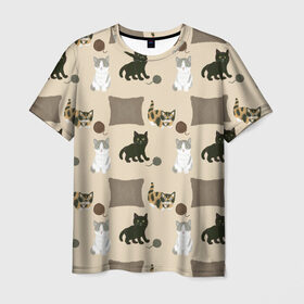 Мужская футболка 3D с принтом Игривые котята , 100% полиэфир | прямой крой, круглый вырез горловины, длина до линии бедер | клубок | кот | котёнок | котята | кошка | нитки | подушка | уют