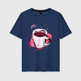 Женская футболка хлопок Oversize с принтом Космическая чашка кофе , 100% хлопок | свободный крой, круглый ворот, спущенный рукав, длина до линии бедер
 | coffee | liquid | mily way | moon | morning | nebula | planet | space | symbol | внутри кружки | галактика | жидкость | код | космос | кружка | кружка с кофе | луна | млечный путь | планета | программист | символы | спутник sputnik | 