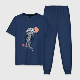 Мужская пижама хлопок с принтом Космическая медуза , 100% хлопок | брюки и футболка прямого кроя, без карманов, на брюках мягкая резинка на поясе и по низу штанин
 | Тематика изображения на принте: art | elon musk | jellyfish | mars | medusa | meduza | moon | nasa | space | spacex | арт | астероид | в космосе | желе | иллюстрация | илон маск | космический дизайн | космос | луна | марс | медузник | на луне | наса | нло | сатурн | спей