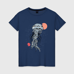 Женская футболка хлопок с принтом Космическая медуза , 100% хлопок | прямой крой, круглый вырез горловины, длина до линии бедер, слегка спущенное плечо | art | elon musk | jellyfish | mars | medusa | meduza | moon | nasa | space | spacex | арт | астероид | в космосе | желе | иллюстрация | илон маск | космический дизайн | космос | луна | марс | медузник | на луне | наса | нло | сатурн | спей