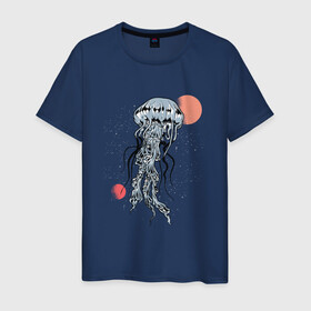 Мужская футболка хлопок с принтом Космическая медуза , 100% хлопок | прямой крой, круглый вырез горловины, длина до линии бедер, слегка спущенное плечо. | Тематика изображения на принте: art | elon musk | jellyfish | mars | medusa | meduza | moon | nasa | space | spacex | арт | астероид | в космосе | желе | иллюстрация | илон маск | космический дизайн | космос | луна | марс | медузник | на луне | наса | нло | сатурн | спей