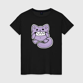 Женская футболка хлопок с принтом Кот зубастик , 100% хлопок | прямой крой, круглый вырез горловины, длина до линии бедер, слегка спущенное плечо | зубастик | зубастый | кот | котик. | мультяшный | фиолетовый