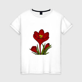 Женская футболка хлопок с принтом Красные тюльпаны , 100% хлопок | прямой крой, круглый вырез горловины, длина до линии бедер, слегка спущенное плечо | картинки | лето | листья | популярные | прикольные | природа | тренды | тюльпаны | цветы