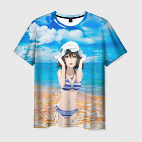 Мужская футболка 3D с принтом Маюри (Врата Штейна) , 100% полиэфир | прямой крой, круглый вырез горловины, длина до линии бедер | аниме девушка | купальник | маюши | море | облака | пляж