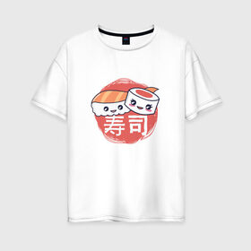 Женская футболка хлопок Oversize с принтом Кусочки суши и роллов , 100% хлопок | свободный крой, круглый ворот, спущенный рукав, длина до линии бедер
 | cute | japan | japanese | kanji | kawaii | rolls | sushi | иероглифы | кавайи | кавайные суши | кандзи | культура | любитель суши | милота | милые суши | нигири | ролл | роллы | сашими | суси | фаст фуд | фастфуд | хирагана