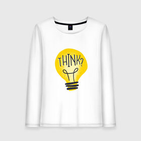 Женский лонгслив хлопок с принтом Лампочка Think , 100% хлопок |  | art | bulb | idea | illustration | lamp | light | light bulb | retro | vintage | айдиа | арт | вдохновение | винтаж | дизайн лампочки | думаешь | думай | идея | иллюстрация | лампа | лампа накаливания | мысли | мысль | ретро | рисунок