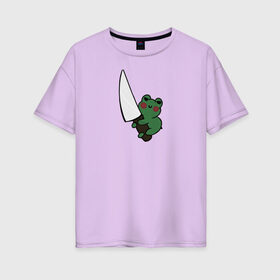 Женская футболка хлопок Oversize с принтом Злая лягушка , 100% хлопок | свободный крой, круглый ворот, спущенный рукав, длина до линии бедер
 | Тематика изображения на принте: green. | зелёный | лягушка | лягушонок | ножик