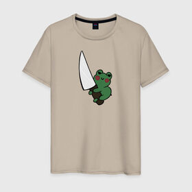 Мужская футболка хлопок с принтом Злая лягушка , 100% хлопок | прямой крой, круглый вырез горловины, длина до линии бедер, слегка спущенное плечо. | green. | зелёный | лягушка | лягушонок | ножик