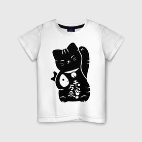 Детская футболка хлопок с принтом Манэки-нэко , 100% хлопок | круглый вырез горловины, полуприлегающий силуэт, длина до линии бедер | животное | зверь | кот | кот качает лапой | кот с рыбой | кошка | манэки нэко