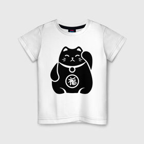 Детская футболка хлопок с принтом Манэки-нэко жирный , 100% хлопок | круглый вырез горловины, полуприлегающий силуэт, длина до линии бедер | Тематика изображения на принте: животное | зверь | кот | кот качает лапой | кошка | манэки нэко | чёрно белый рисунок