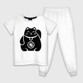 Детская пижама хлопок с принтом Манэки-нэко жирный , 100% хлопок |  брюки и футболка прямого кроя, без карманов, на брюках мягкая резинка на поясе и по низу штанин
 | Тематика изображения на принте: животное | зверь | кот | кот качает лапой | кошка | манэки нэко | чёрно белый рисунок