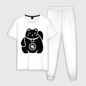 Мужская пижама хлопок с принтом Манэки-нэко жирный , 100% хлопок | брюки и футболка прямого кроя, без карманов, на брюках мягкая резинка на поясе и по низу штанин
 | животное | зверь | кот | кот качает лапой | кошка | манэки нэко | чёрно белый рисунок