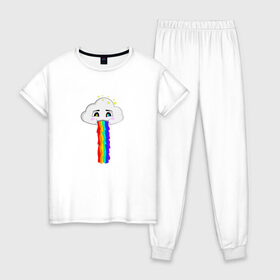 Женская пижама хлопок с принтом ОБЛАКО РАДУГА , 100% хлопок | брюки и футболка прямого кроя, без карманов, на брюках мягкая резинка на поясе и по низу штанин | cloud | rainbow | би | блюющее облако | летний | мем | мультяшный | радуга | разноцветный | юмор | яркий
