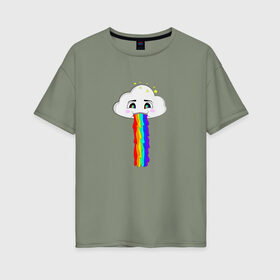 Женская футболка хлопок Oversize с принтом ОБЛАКО РАДУГА , 100% хлопок | свободный крой, круглый ворот, спущенный рукав, длина до линии бедер
 | cloud | rainbow | би | блюющее облако | летний | мем | мультяшный | радуга | разноцветный | юмор | яркий