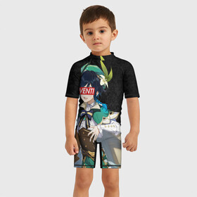 Детский купальный костюм 3D с принтом Genshin Impact VENTI , Полиэстер 85%, Спандекс 15% | застежка на молнии на спине | genshin | genshin impaсt | hikka | sempai | senpai | venti | венти | вентилятор | геншин | геншин импакт | семпай | сенпай