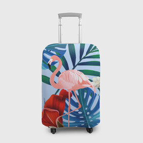 Чехол для чемодана 3D с принтом Фламинго в папоротнике , 86% полиэфир, 14% спандекс | двустороннее нанесение принта, прорези для ручек и колес | папоротник | птица | рисунок | тропики | фламинго | фламинго в папоротнике