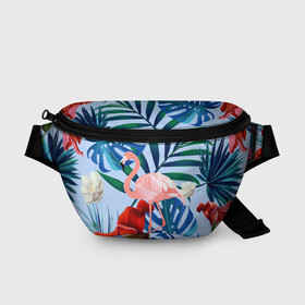 Поясная сумка 3D с принтом Фламинго в папоротнике , 100% полиэстер | плотная ткань, ремень с регулируемой длиной, внутри несколько карманов для мелочей, основное отделение и карман с обратной стороны сумки застегиваются на молнию | папоротник | птица | рисунок | тропики | фламинго | фламинго в папоротнике