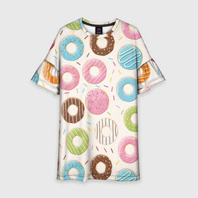 Детское платье 3D с принтом Пончики / Donuts , 100% полиэстер | прямой силуэт, чуть расширенный к низу. Круглая горловина, на рукавах — воланы | bagel | cookies | donut | pastry | pie | ring | бублик | выпечка | колечко | печенье | пирожок | пончик