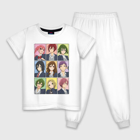 Детская пижама хлопок с принтом Horimiya герои  , 100% хлопок |  брюки и футболка прямого кроя, без карманов, на брюках мягкая резинка на поясе и по низу штанин
 | Тематика изображения на принте: anime | horimiya | аниме | анимэ | изуми | кёко | комедия | мия | миямура | миямура кун | повседневность | романтика | рэми | сакура | сёнэн | тору | хори | хори сан | хоримия | школа | юки
