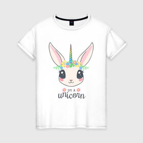 Женская футболка хлопок с принтом Кролик-единорог , 100% хлопок | прямой крой, круглый вырез горловины, длина до линии бедер, слегка спущенное плечо | animals | bunny | unicorn | единорог | животные | кролик
