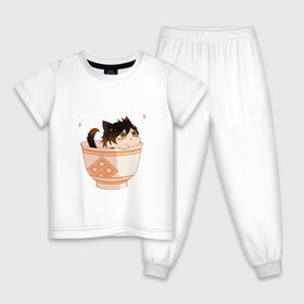 Детская пижама хлопок с принтом Котик Чжун Ли , 100% хлопок |  брюки и футболка прямого кроя, без карманов, на брюках мягкая резинка на поясе и по низу штанин
 | арт | кружка | кружка чая | милый парень | моракс | неко | рисунок | чашка | чжун ли
