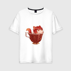 Женская футболка хлопок Oversize с принтом Котик Дилюк , 100% хлопок | свободный крой, круглый ворот, спущенный рукав, длина до линии бедер
 | арт | дилюк | кружка | кружка чая | милый парень | неко | рисунок | чашка