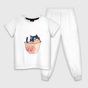 Детская пижама хлопок с принтом Котик Сян Лин , 100% хлопок |  брюки и футболка прямого кроя, без карманов, на брюках мягкая резинка на поясе и по низу штанин
 | арт | кружка | кружка чая | милая девушка | неко | рисунок | сян лин | чашка