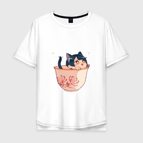 Мужская футболка хлопок Oversize с принтом Котик Сян Лин , 100% хлопок | свободный крой, круглый ворот, “спинка” длиннее передней части | арт | кружка | кружка чая | милая девушка | неко | рисунок | сян лин | чашка