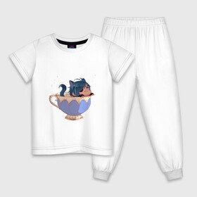 Детская пижама хлопок с принтом Котик Кэйа , 100% хлопок |  брюки и футболка прямого кроя, без карманов, на брюках мягкая резинка на поясе и по низу штанин
 | арт | кейа | кружка | кружка чая | кэйа | милый парень | неко | рисунок | чашка