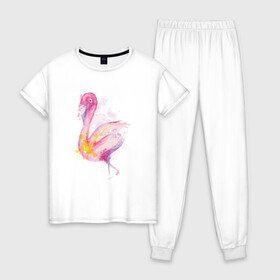 Женская пижама хлопок с принтом Фламинго рисунок акварелью , 100% хлопок | брюки и футболка прямого кроя, без карманов, на брюках мягкая резинка на поясе и по низу штанин | africa | afrika | aquarel | bird | fashion | flamingo | paint | painted | pink flamingo | summer | watercolor | watercolour | акварельный рисунок | африка | красками | краски | лето | мода | нарисованный фламинго | птица | розовый фламинго | 