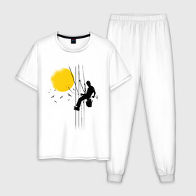 Мужская пижама хлопок с принтом Рабочий включает солнце , 100% хлопок | брюки и футболка прямого кроя, без карманов, на брюках мягкая резинка на поясе и по низу штанин
 | art | on off | plug | pluggin | plugging | sky | sun | sunset | worker | альпинист | арт | верхолаз | вкл выкл | включает в розетку | восход солнца | выключает солнце | закат | небо | подключено | птицы | рисунок | розетка