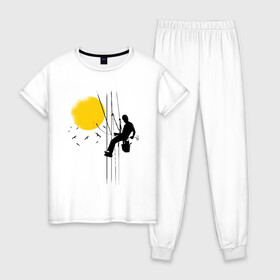 Женская пижама хлопок с принтом Рабочий включает солнце , 100% хлопок | брюки и футболка прямого кроя, без карманов, на брюках мягкая резинка на поясе и по низу штанин | art | on off | plug | pluggin | plugging | sky | sun | sunset | worker | альпинист | арт | верхолаз | вкл выкл | включает в розетку | восход солнца | выключает солнце | закат | небо | подключено | птицы | рисунок | розетка