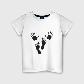Детская футболка хлопок с принтом Руки-ноги , 100% хлопок | круглый вырез горловины, полуприлегающий силуэт, длина до линии бедер | ноги | отпечатки | руки | руки ноги | черное лого | черные отпечатки | черный принт