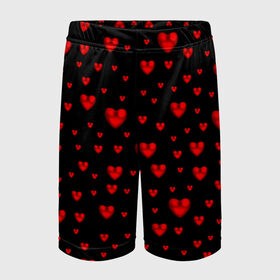 Детские спортивные шорты 3D с принтом Красные сердца ,  100% полиэстер
 | пояс оформлен широкой мягкой резинкой, ткань тянется
 | Тематика изображения на принте: heart | love | red | red hearts. | градиент | день святого валентина | красные сердечки | красный | любовь | много сердечек | перламутр | сердце