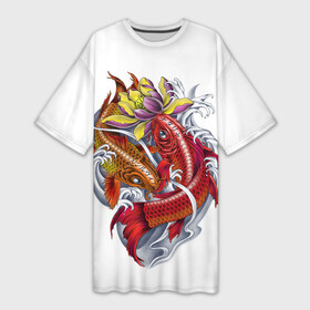 Платье-футболка 3D с принтом Японские Карпы (Иероглифы) ,  |  | fish | japan | koi | животные | иероглифы | карпы | кои | рыбы | япония