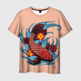 Мужская футболка 3D с принтом Японский Карп , 100% полиэфир | прямой крой, круглый вырез горловины, длина до линии бедер | fish | japan | koi | животные | иероглифы | карпы | кои | рыбы | цветы | япония