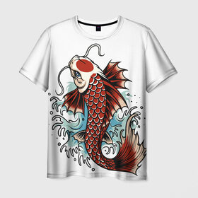 Мужская футболка 3D с принтом Карп Кои (Япония) , 100% полиэфир | прямой крой, круглый вырез горловины, длина до линии бедер | fish | japan | koi | животные | иероглифы | карпы | кои | рыбы | цветы | япония