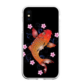 Чехол для iPhone XS Max матовый с принтом Карп Кои с Цветами , Силикон | Область печати: задняя сторона чехла, без боковых панелей | fish | japan | koi | животные | иероглифы | карпы | кои | рыбы | цветы | япония