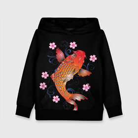 Детская толстовка 3D с принтом Карп Кои с Цветами , 100% полиэстер | двухслойный капюшон со шнурком для регулировки, мягкие манжеты на рукавах и по низу толстовки, спереди карман-кенгуру с мягким внутренним слоем | fish | japan | koi | животные | иероглифы | карпы | кои | рыбы | цветы | япония