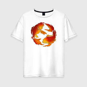 Женская футболка хлопок Oversize с принтом Карпы Кои , 100% хлопок | свободный крой, круглый ворот, спущенный рукав, длина до линии бедер
 | fish | japan | koi | животные | иероглифы | карпы | кои | рыбы | цветы | япония