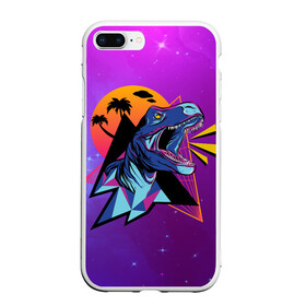 Чехол для iPhone 7Plus/8 Plus матовый с принтом Retrowave Neon Dinosaur , Силикон | Область печати: задняя сторона чехла, без боковых панелей | Тематика изображения на принте: 1980 | 80s | geometry | retrowave | retrowave принт | rex | space | t rex | trex | tropical | восьмидесятые | геометрия | космос | нео | неоновый динозавр | пальмы | рекс | ретровейв | рисунок динозавра | тираннозавр | тиранозавр