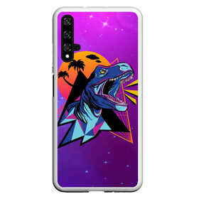 Чехол для Honor 20 с принтом Retrowave Neon Dinosaur , Силикон | Область печати: задняя сторона чехла, без боковых панелей | 1980 | 80s | geometry | retrowave | retrowave принт | rex | space | t rex | trex | tropical | восьмидесятые | геометрия | космос | нео | неоновый динозавр | пальмы | рекс | ретровейв | рисунок динозавра | тираннозавр | тиранозавр