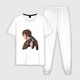Мужская пижама хлопок с принтом Чжун Ли , 100% хлопок | брюки и футболка прямого кроя, без карманов, на брюках мягкая резинка на поясе и по низу штанин
 | арт | милый парень | моракс | рисунок | чжун ли