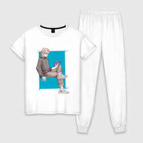 Женская пижама хлопок с принтом Современный Альбедо , 100% хлопок | брюки и футболка прямого кроя, без карманов, на брюках мягкая резинка на поясе и по низу штанин | альбедо | арт | блондин | милый парень | рисунок