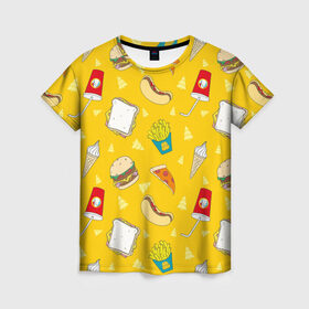 Женская футболка 3D с принтом Фастфуд , 100% полиэфир ( синтетическое хлопкоподобное полотно) | прямой крой, круглый вырез горловины, длина до линии бедер | бургеры | бутерброд | вредная еда | еда | мороженое | пицца | сок | фастфуд | хотдог