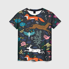 Женская футболка 3D с принтом Звери и Природа , 100% полиэфир ( синтетическое хлопкоподобное полотно) | прямой крой, круглый вырез горловины, длина до линии бедер | зайка | заяц | зверь | лес | лис | лиса | лисица | лисонька | олень | природа | птица | рога | рыжая | хищник | цветы