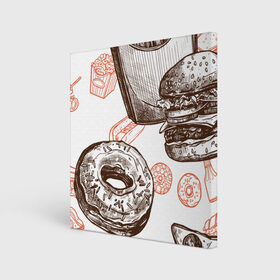 Холст квадратный с принтом Вкусности , 100% ПВХ |  | Тематика изображения на принте: бургер | вкусности | еда | пончик | попкорн | фастфуд | хот дог