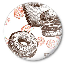 Значок с принтом Вкусности ,  металл | круглая форма, металлическая застежка в виде булавки | Тематика изображения на принте: бургер | вкусности | еда | пончик | попкорн | фастфуд | хот дог