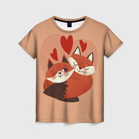 Женская футболка 3D с принтом Влюбленные Лисички , 100% полиэфир ( синтетическое хлопкоподобное полотно) | прямой крой, круглый вырез горловины, длина до линии бедер | fox | fox love | влюбленные лисички | лисы | сердца