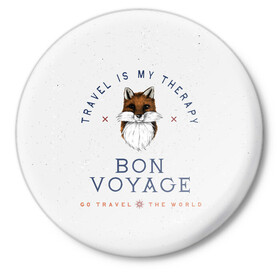 Значок с принтом Fox traveler ,  металл | круглая форма, металлическая застежка в виде булавки | fox | бон вояж | лиса | лиса путешественница | путешествия
